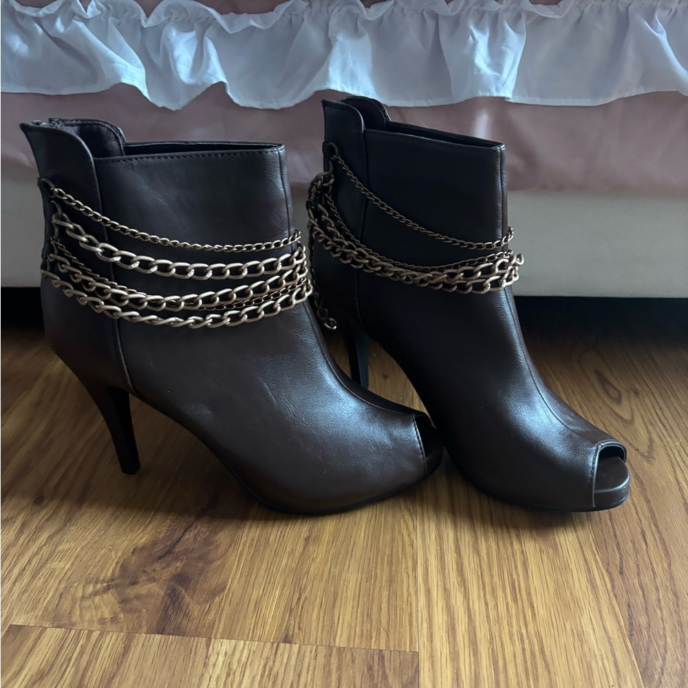Brown Chain-Embellished Ankle Boots